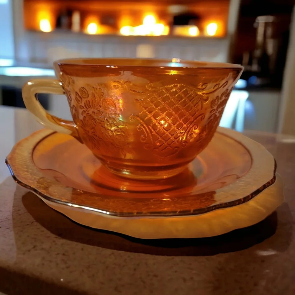 Federal Normandie Lattice & Daisy Sunburst Depression Glass Tea Cup Saucer 1934 - Picture 2 of 13